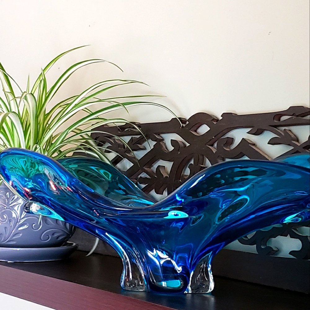 Vintage Chalet Art Glass Blue Centerpiece Mid Century Modern Art Deco Hand Blown